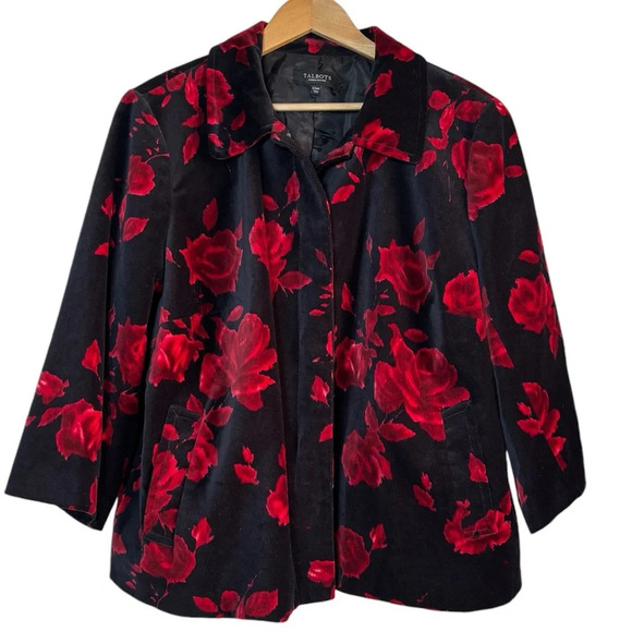 Talbots Women's Petite Black Red Rose Velvet Velour Blazer Jacket Modest 22WP - Picture 1 of 9